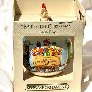 🎄1984 Hallmark Keepsake Satin Ornament Baby’s 1st Christmas Baby Boy NIB